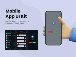 Mobile App UI Kit Including as Call Details, Message and Incoming Calls Accept and Reject Button on Screen of Smartphone. vector