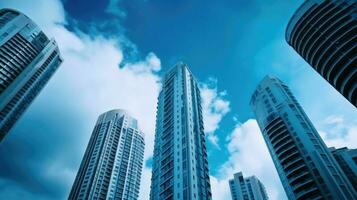 Bottom View of Amazing Modern Apartment and Office Buildings Against Background of Blue Sky. High-Rise Business District, Generative AI Technology. photo