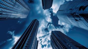 Looking Up at High Rise Office Buildings, Apartment Architecture in the Financial District of a Modern Metropolis. Technology. photo