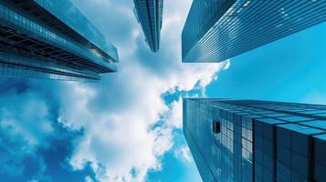 Looking Up at High Rise Office Buildings, Apartment Architecture in the Financial District of a Modern Metropolis. Technology. photo