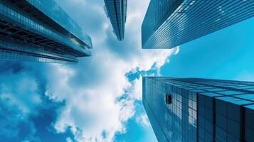 Looking Up at High Rise Office Buildings, Apartment Architecture in the Financial District of a Modern Metropolis. Generative AI Technology. photo