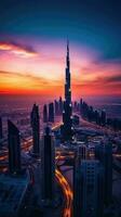 Aerial View of Burj Khalifa in Dubai Downtown Skyline and Busiest Highway in Evening Time. Amazing Tourist Destination, Generative AI Technology. photo
