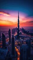 aéreo ver de burj califa en dubai céntrico horizonte y mas ocupado autopista en noche tiempo. increíble turista destino, generativo ai tecnología. foto