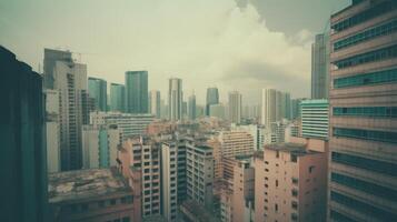 Panoramic City View of Vintage Skyscraper Buildings in Foggy Day. Technology. photo