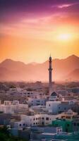 sultanato de Omán, el antiguo pueblo de moscatel edificios durante puesta de sol o amanecer. generativo ai tecnología. foto