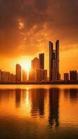 horizonte edificios reflejando en el agua durante puesta de sol o amanecer, increíble dubai turista destino. generativo ai tecnología. foto