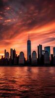 New York City, Lower Manhattan in Front of Water During Sunset or Sunrise. Generative AI Technology. photo