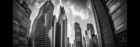 Bottom View of High-Rise Buildings Against Gray Sky in the City. Real Estate and Corporate Construction, Technology. photo