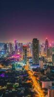 Cityscape Night View of Residential Houses and High Skyscrapers in Financial District at Bangkok Thailand. Generative AI Technology. photo
