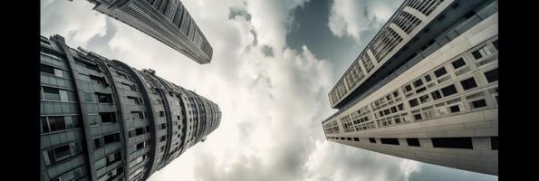 Low Angel View of Futuristic Gray Sky View Between High-Rise Buildings in Business District. Technology. photo