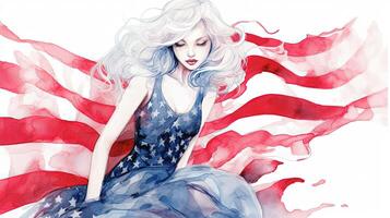 Watercolor Painting of Beautiful Young Girl in American Flag Background, 4th of July Independence Day Celebration Concept. Technology. photo