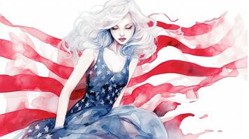 Watercolor Painting of Beautiful Young Girl in American Flag Background, 4th of July Independence Day Celebration Concept. Generative AI Technology. photo