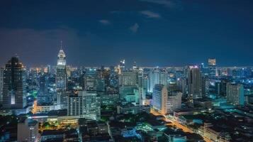 Cityscape Night View of Residential Houses and High Skyscrapers in Financial District at Bangkok Thailand. Technology. photo