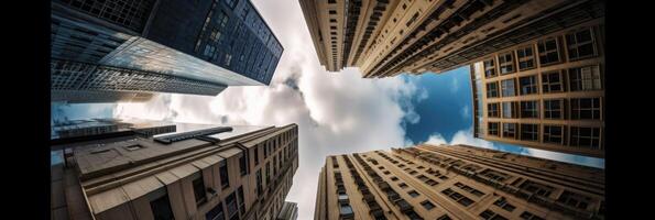 Low Angel View of High-Rise Buildings Against Background of Blue Sky Cloudscape in Business District. Technology. photo