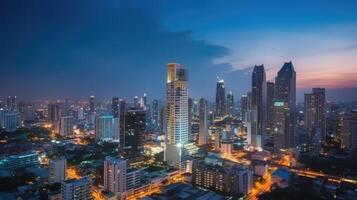 Cityscape Night View of Residential Houses and High Skyscrapers in Financial District at Bangkok Thailand. Generative AI Technology. photo