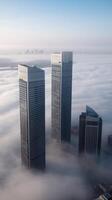 Stunning Photo of Dubai Incredibly Tall Skyscrapers Emerging From Thick Layer of Fog. Technology.