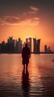 Skyscrapers of Doha, Qatar in Front of the West Bay During Sunset or Sunrise. Amazing Tourist Destination, Technology. photo