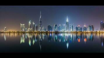 Panorama View of Dubai Skyline Reflecting in the Water During Night Time. Amazing Tourist Destination, Generative AI Technology. photo