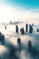 Stunning Photo of Dubai Incredibly Tall Skyscrapers Emerging From Thick Layer of Fog. Generative AI Technology.