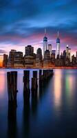 Panoramic View of New York City Manhattan Downtown Skyline at Dusk in Evening Time. Generative AI Technology. photo