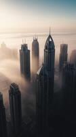 aéreo vista, mega alto rascacielos de dubai cubierto en temprano Mañana durante niebla lapso de tiempo generativo ai tecnología. foto