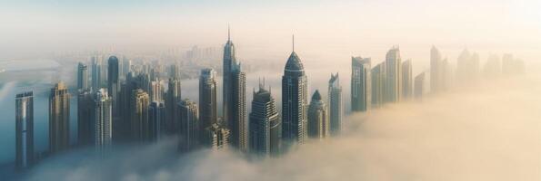 Aerial View, Mega Tall Skyscrapers of Dubai Covered in Early Morning During Fog Timelapse. Generative AI Technology. photo