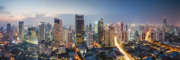 Cityscape Night View of Residential Houses and High Skyscrapers in Financial District at Bangkok Thailand. Generative AI Technology. photo