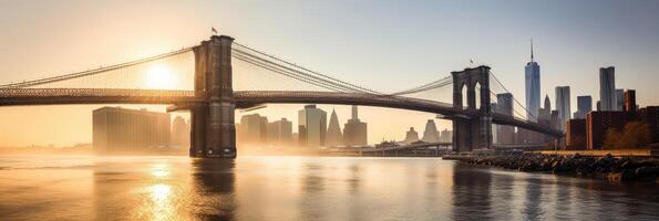 Famous Skyline of Downtown New York and Brooklyn Bridge During Sunlight in Finance District. Technology. photo