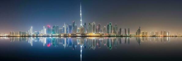 Panorama View of Dubai Skyline Reflecting in the Water During Night Time. Amazing Tourist Destination, Generative AI Technology. photo