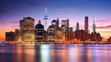 panorámico ver de inferior Manhattan horizonte iluminado a noche en nuevo York ciudad. generativo ai tecnología. foto