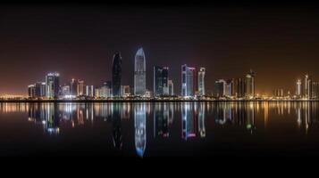 abu dhabi uae horizonte reflejando en el agua durante noche tiempo. increíble dubai turista destino, generativo ai tecnología. foto