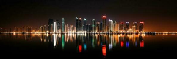 Abu Dhabi UAE Skyline Reflecting in the Water During Night Time. Amazing Dubai Tourist Destination, Generative AI Technology. photo