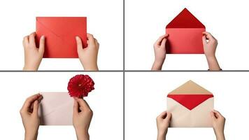 Set of Female Hands Holding Envelopes and Red Dahlia Flower on White Background, Generative AI Illustration. photo