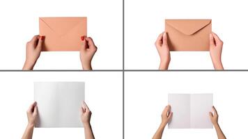 Set of Female Hands Holding Blank White Bi-Fold Paper and Envelope on White Background, Illustration. photo