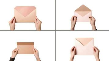 Set of Female Hands Holding Open Envelope on White Background, Generative AI Illustration. photo