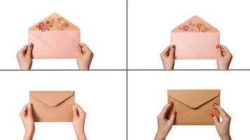 Set of Female Hands Holding Envelopes on White Background, Generative AI Illustration. photo