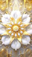 Amazing Art of Fractal Golden and White Flower on Geometric Symmetry Background. Created by Technology. photo