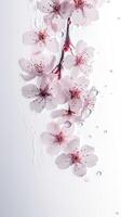 Striking Image of Raining Drops on Peach Flower Branch. Generative AI. photo