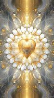 Amazing Art of Fractal Golden Heart with Flower on Geometric Symmetry Background. Created by Technology. photo