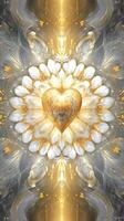 Amazing Art of Fractal Golden Heart with Flower on Geometric Symmetry Background. Created by Generative AI Technology. photo