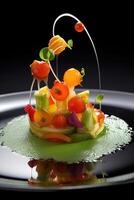 Assortment of Vegetables, Fruits Slices and Syrup as a Dessert Gastronomy on Plate, Closeup Shot. . photo