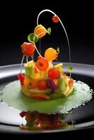 Assortment of Vegetables, Fruits Slices and Syrup as a Dessert Gastronomy on Plate, Closeup Shot. Generative AI. photo