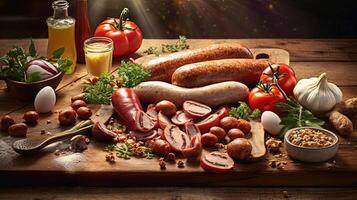 Closeup Smoked Sausage Dish Making Ingredients on Wooden Table Top. . photo