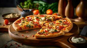 delicioso vegetariano supremo Pizza coberturas cargado con extra Fresco ingredientes en de madera corte tablero. comida fotografía, generativo ai. foto