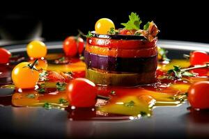 Dessert Gastronomy of Fruit, Vegetable and Syrup on Plate. Food Photography, Generative AI. photo