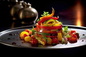 Slices of Fruits and Vegetables Arranged in Pile with Syrup as a Dessert Gastronomy on Plate. Food Photography, Technology. photo