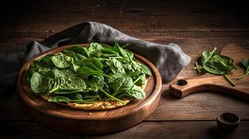 Closeup View of Feta and Spianch Pizza on Round Wooden Platter with Grey Cloth. . photo