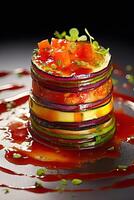 Slices of Fruits and Vegetables Arranged in Layered with Syrup as a Dessert Gastronomy. Food Photography, Technology. photo