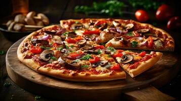 Freshly Baked Veggie Supreme Pizza Toppings on Wooden Cutting Board. Food Photography, Generative AI. photo