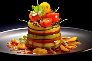 Slices of Fruits and Vegetables Arranged in Layered with Syrup as a Dessert Gastronomy on Plate. Food Photography, Generative AI Technology. photo